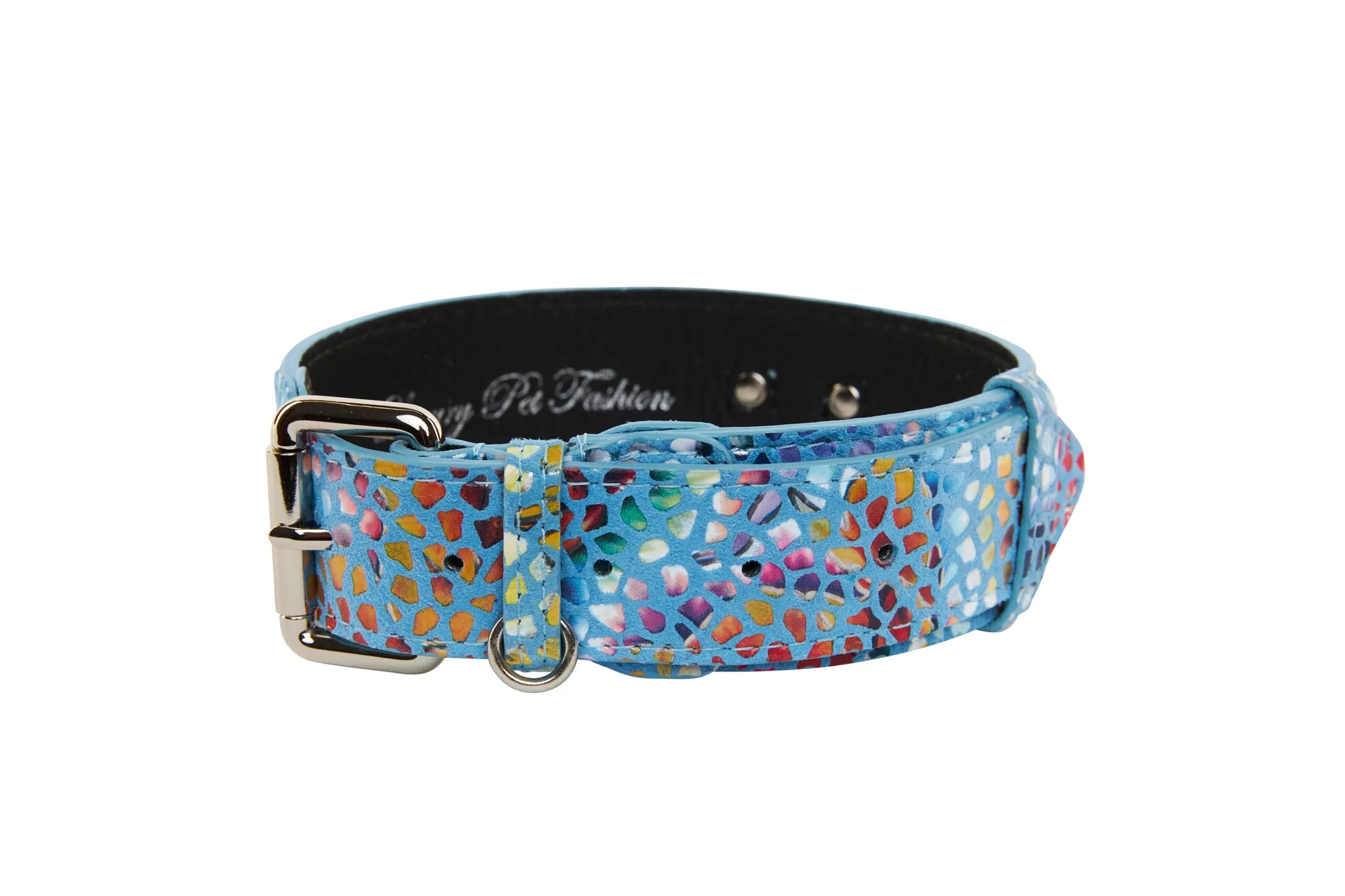 Luxury Pet Fashion Blue Floral Mosaic Italian Leather Collar