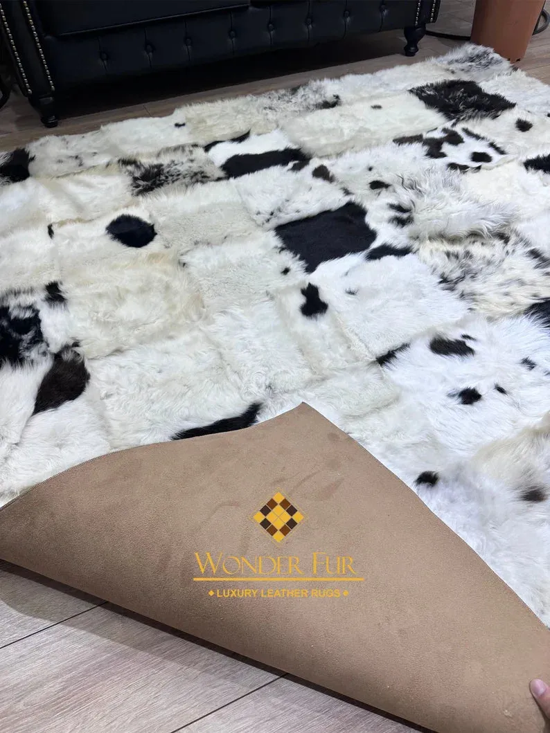 Luxury White and Black Handmade Natural Sheepskin Area Rug, Soft and Fluffy Natural Shaggy Rug