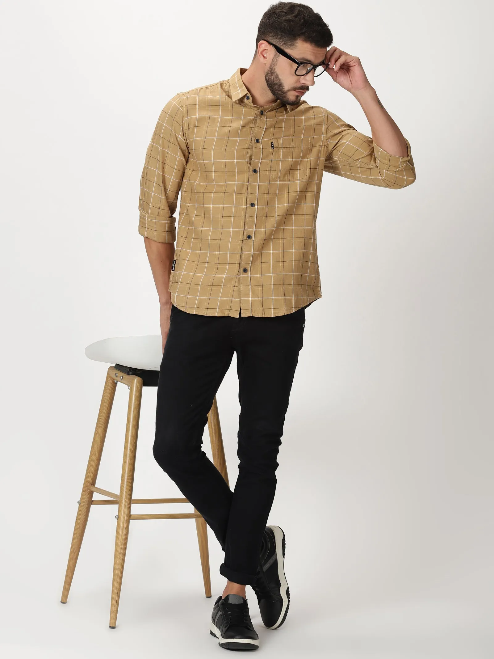 MEN'S BEIGE CHECKS SLIM FIT SHIRT