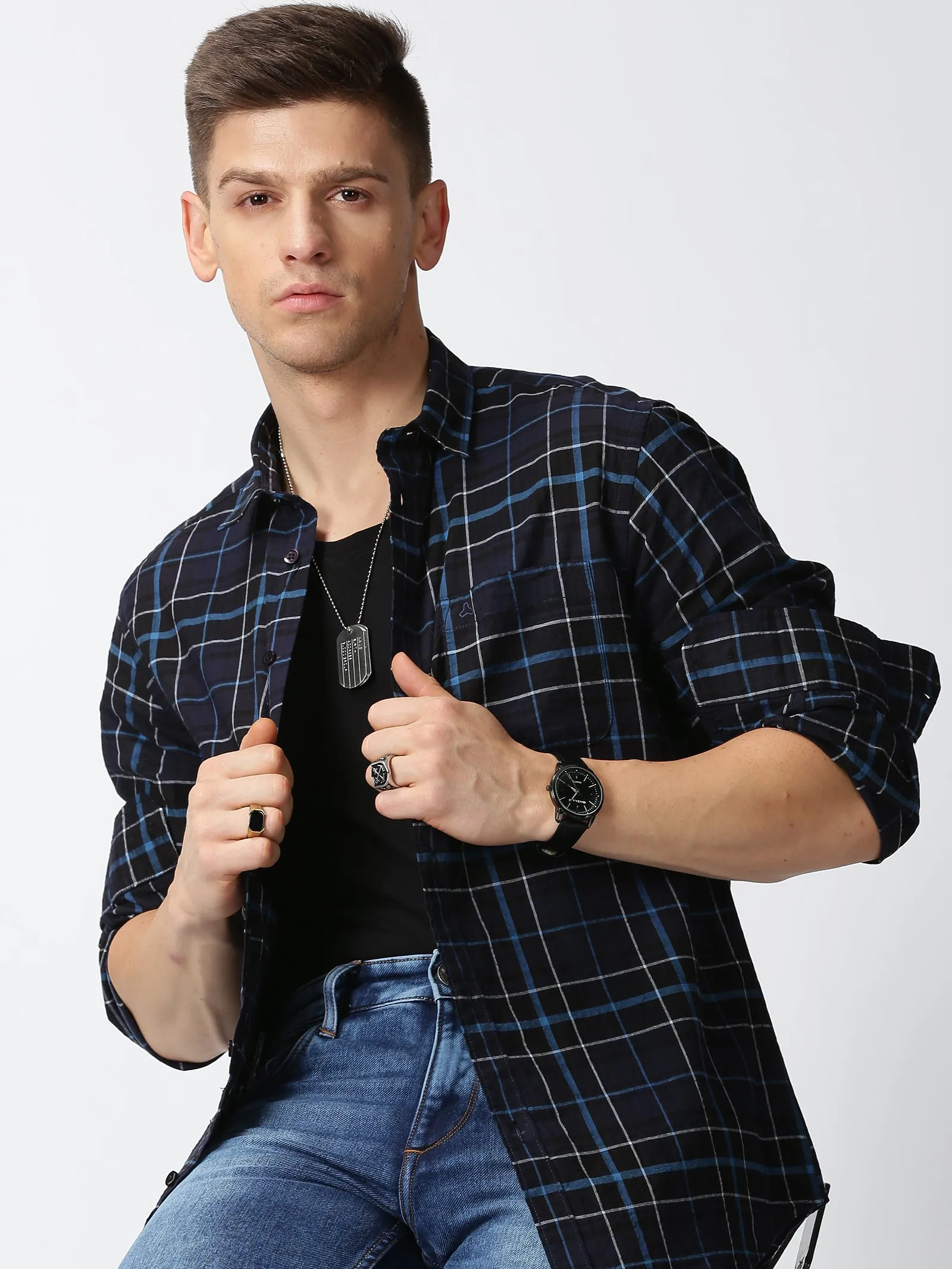 MEN'S BLACK CHECKS SLIM FIT SHIRT