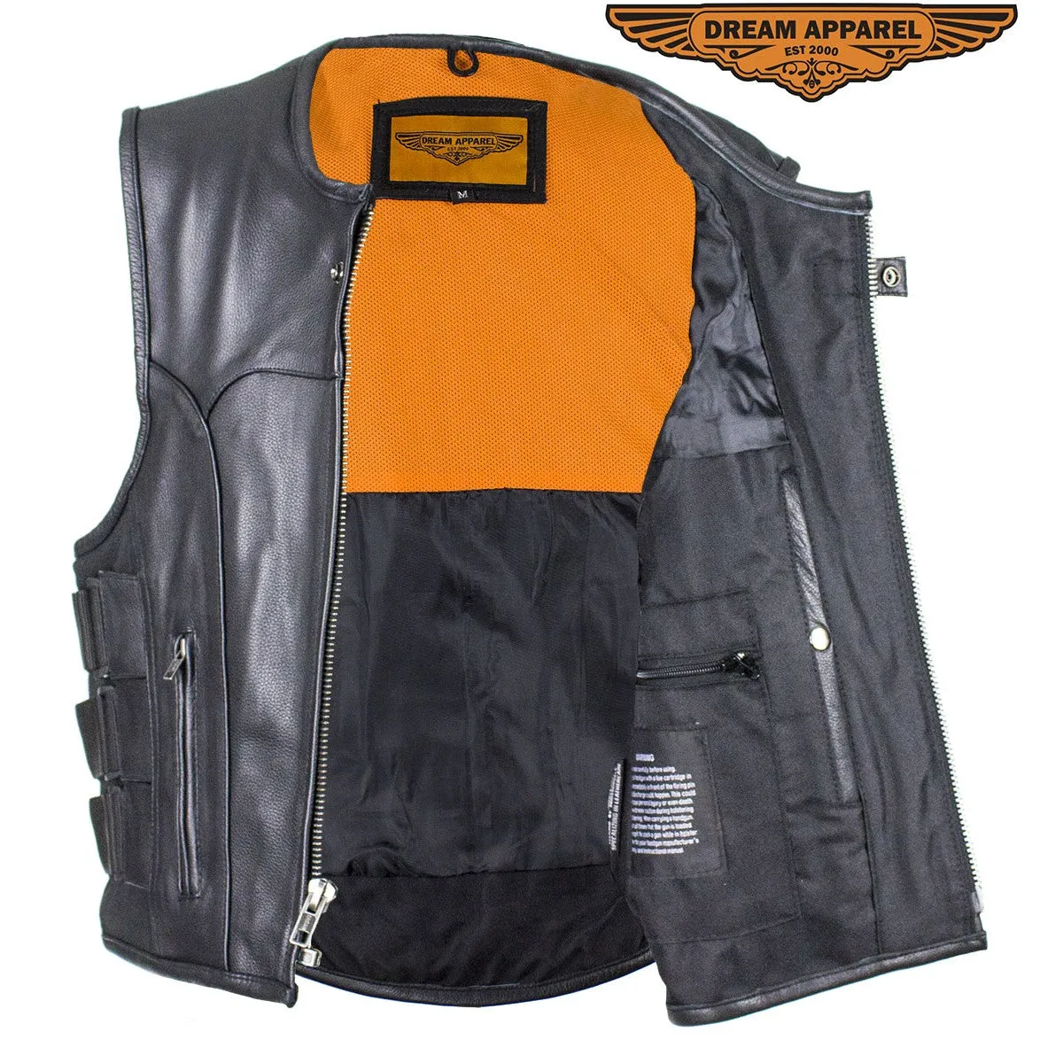 Men's Black Leather Vest with Neoprene Sides