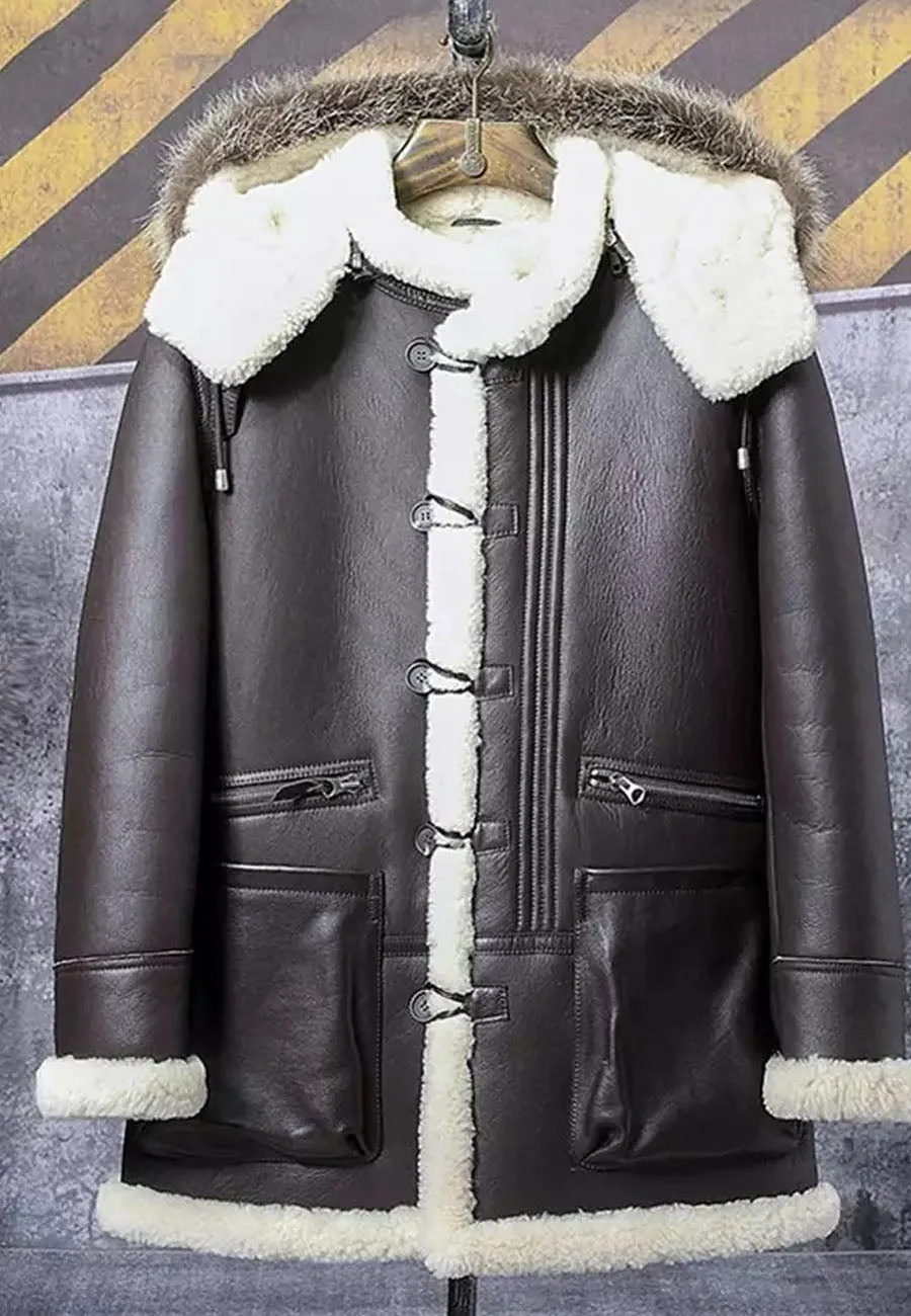 Men’s Black Leather White Shearling Removable Hooded Long Coat