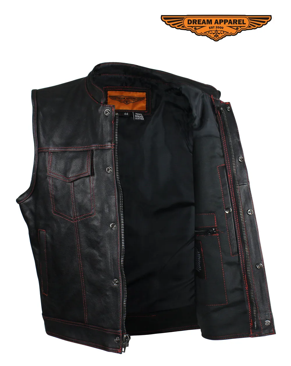 Men's Black Premium Naked Cowhide Leather CLUB VEST with Red Stitching