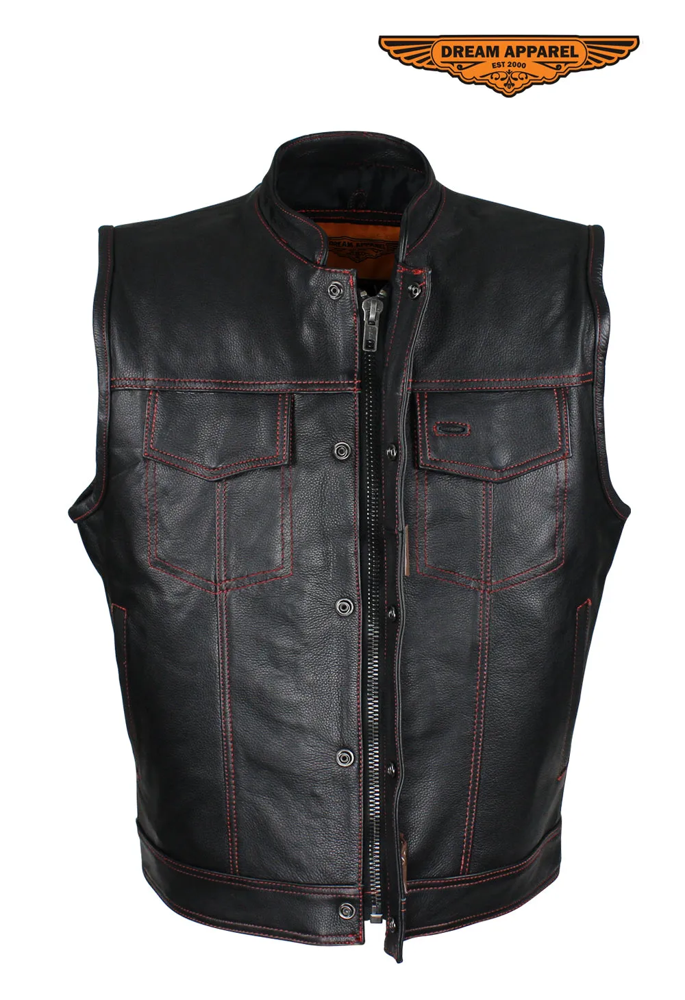 Men's Black Premium Naked Cowhide Leather CLUB VEST with Red Stitching