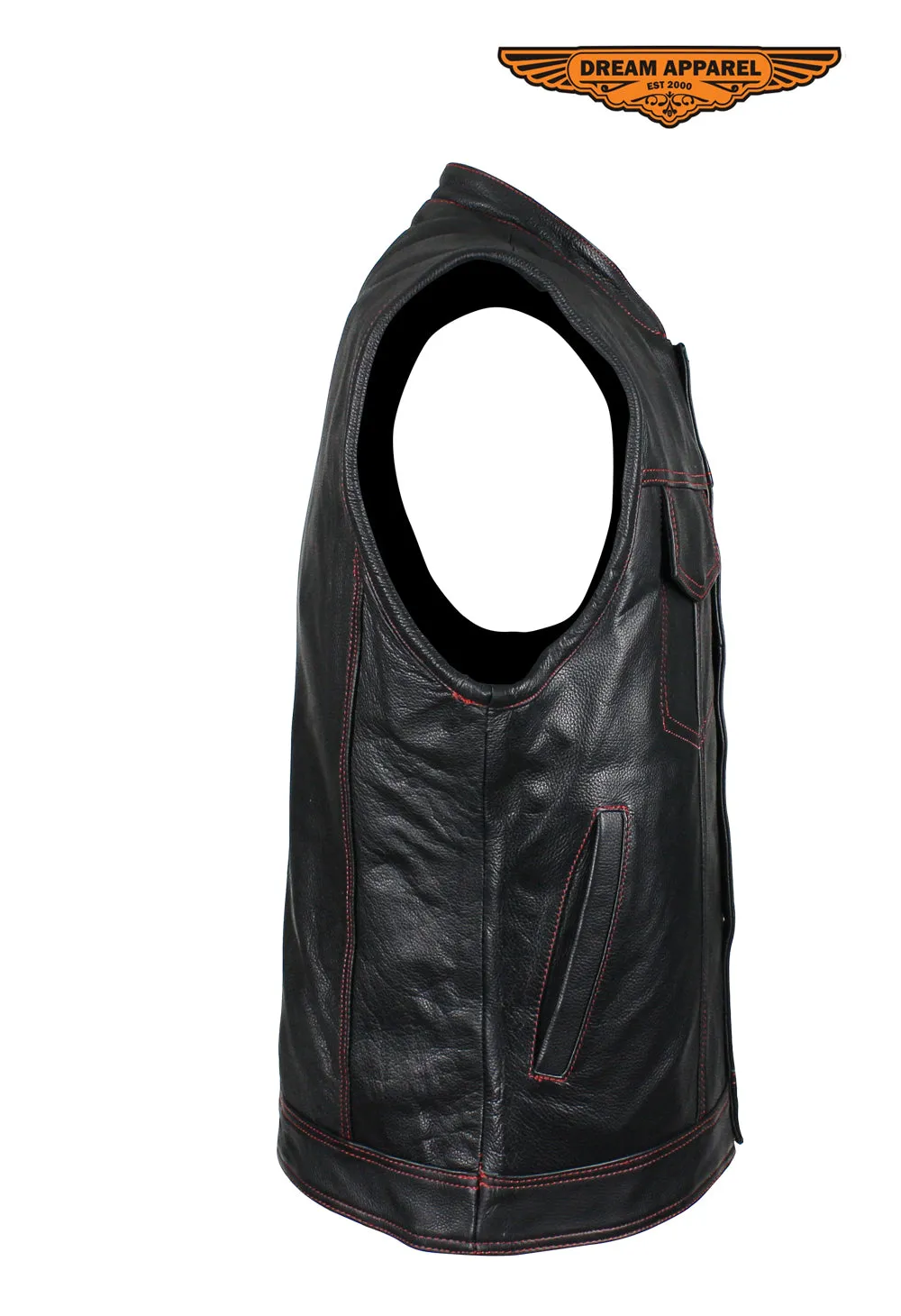 Men's Black Premium Naked Cowhide Leather CLUB VEST with Red Stitching