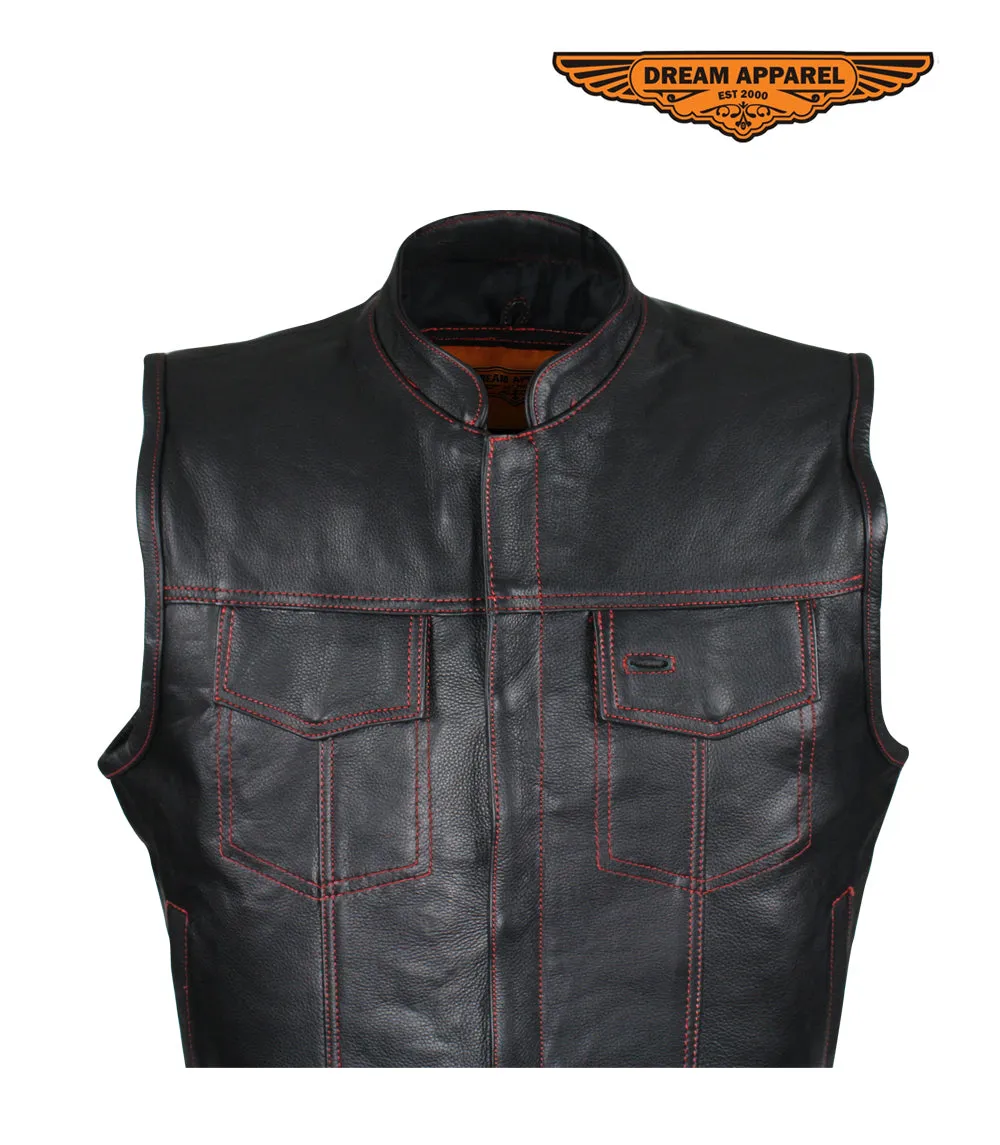 Men's Black Premium Naked Cowhide Leather CLUB VEST with Red Stitching