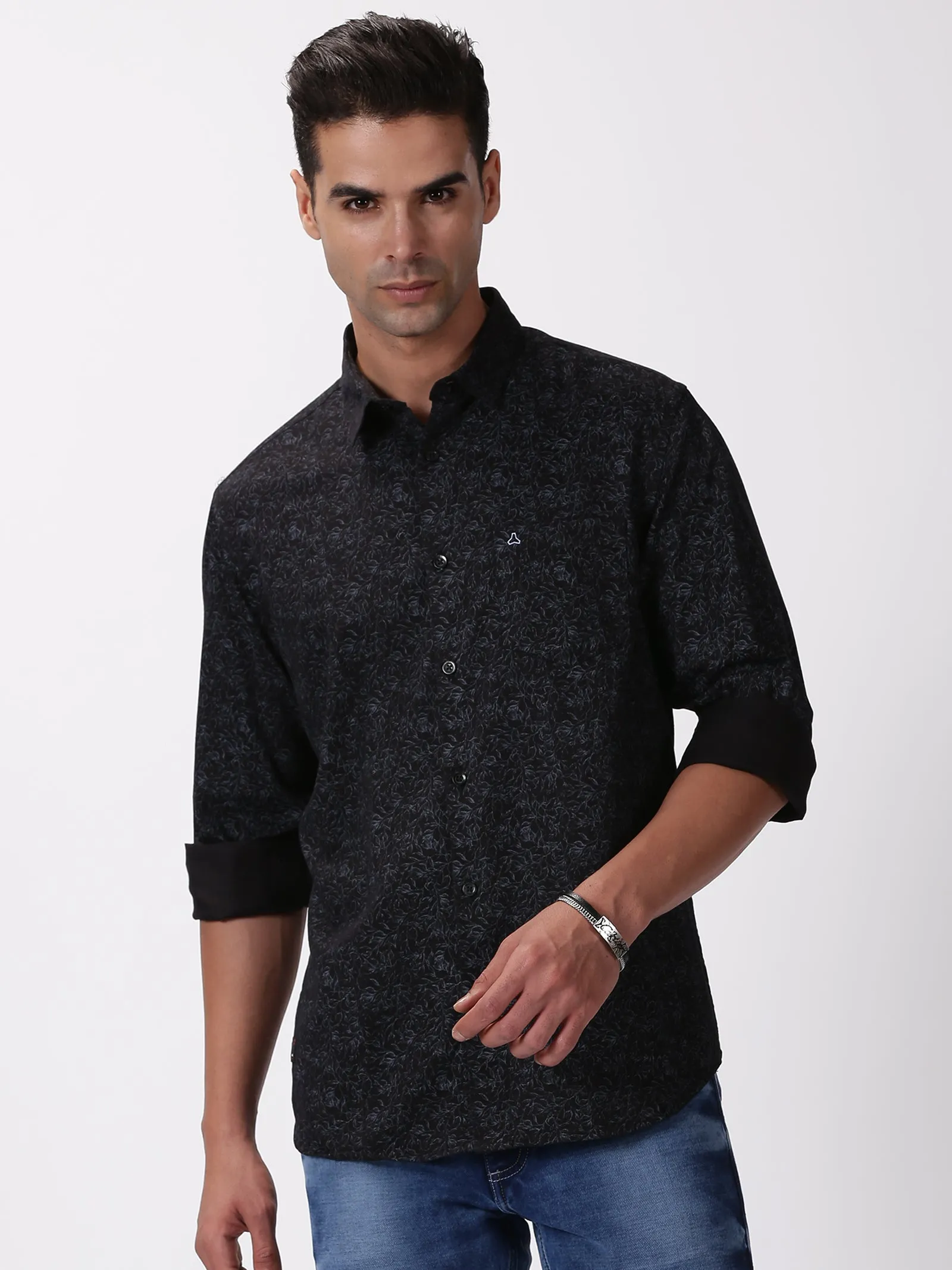 MEN'S BLACK PRINT SLIM FIT SHIRT