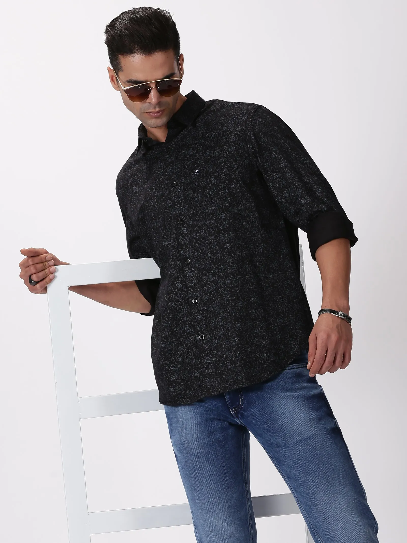 MEN'S BLACK PRINT SLIM FIT SHIRT