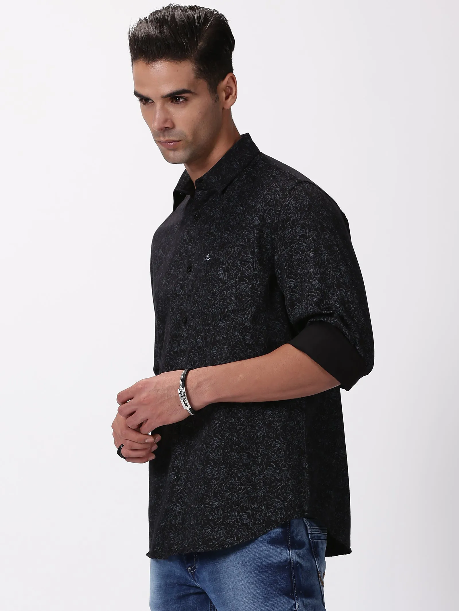 MEN'S BLACK PRINT SLIM FIT SHIRT