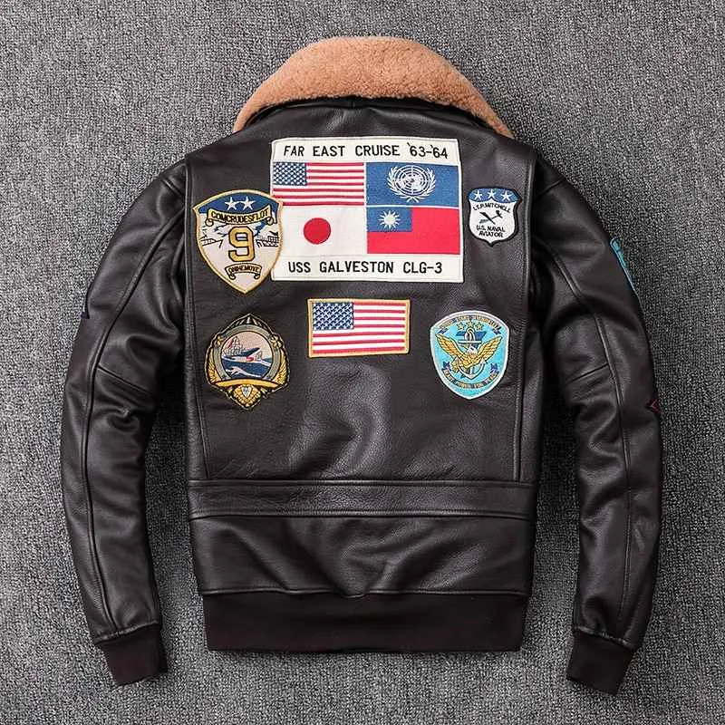 Mens Brown TOP GUN Pilot Leather Jacket with Fur Collar Aviator Coat