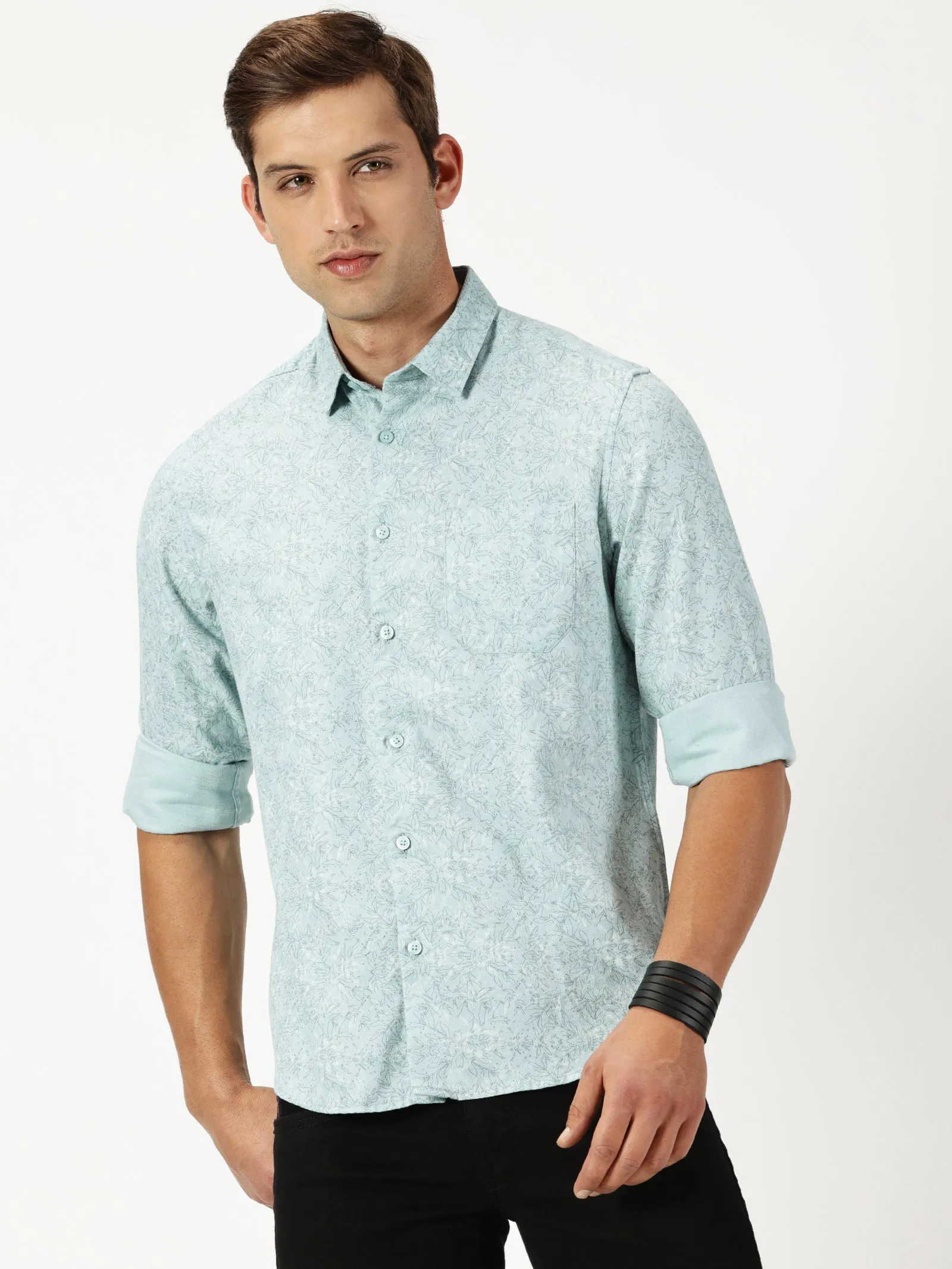 MEN'S  GREEN PRINT SLIM FIT SHIRT