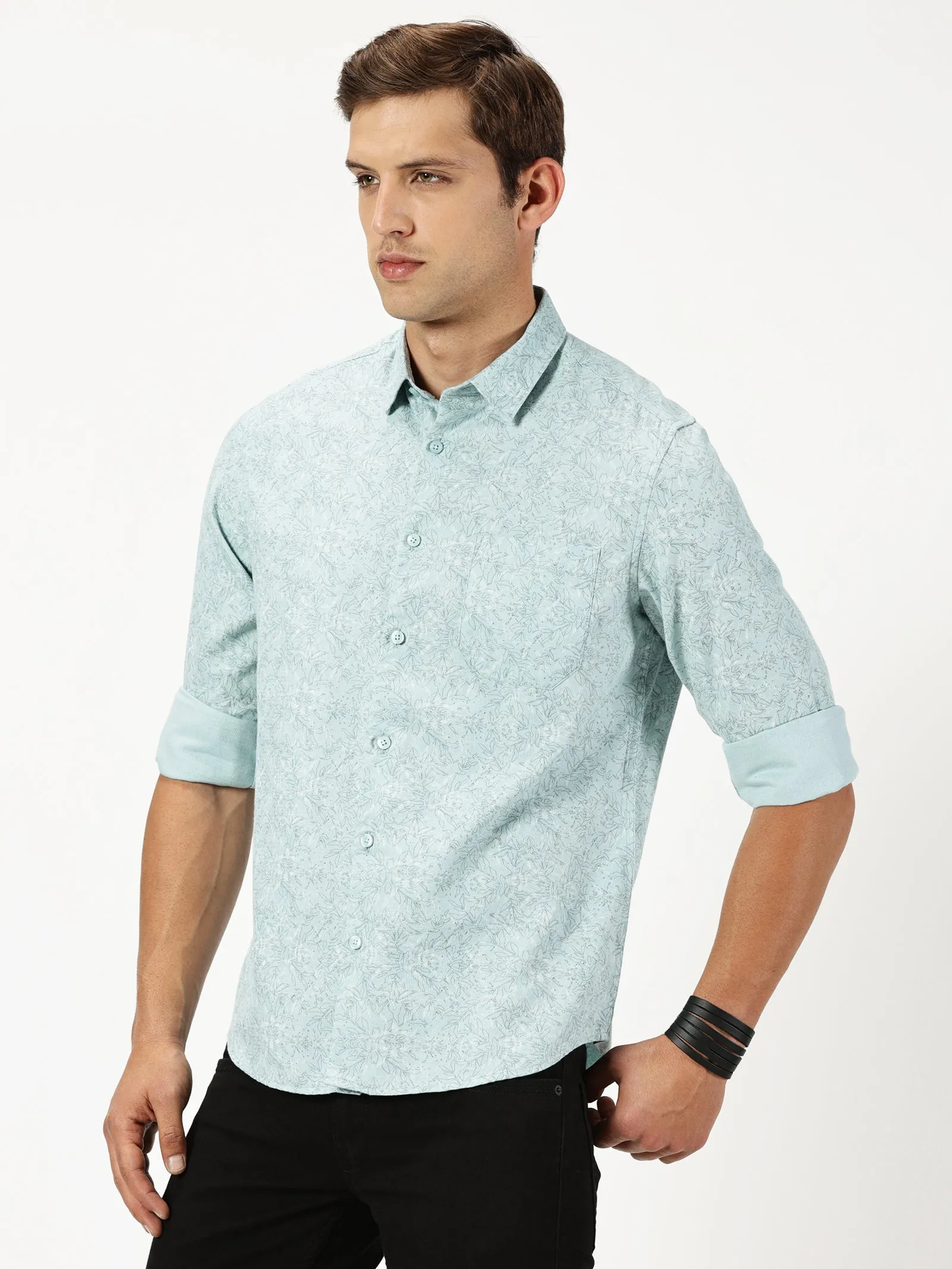 MEN'S  GREEN PRINT SLIM FIT SHIRT