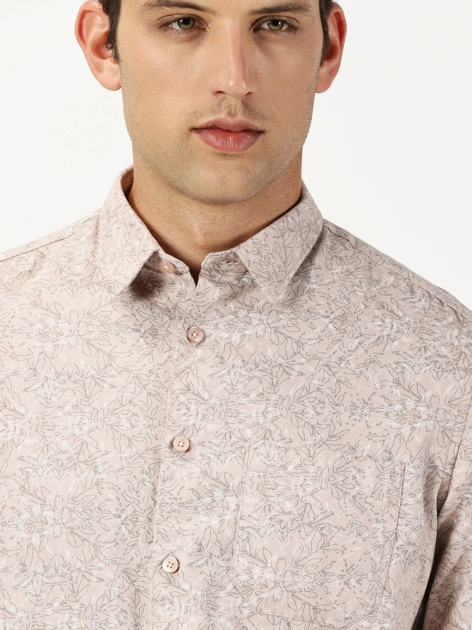 MEN'S  LT BROWN PRINT SLIM FIT SHIRT