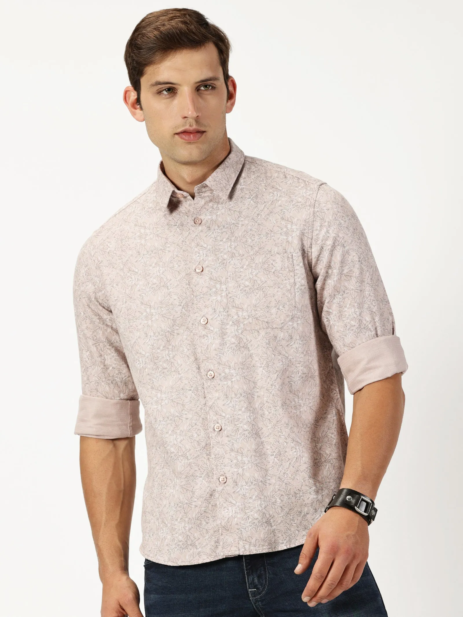 MEN'S  LT BROWN PRINT SLIM FIT SHIRT