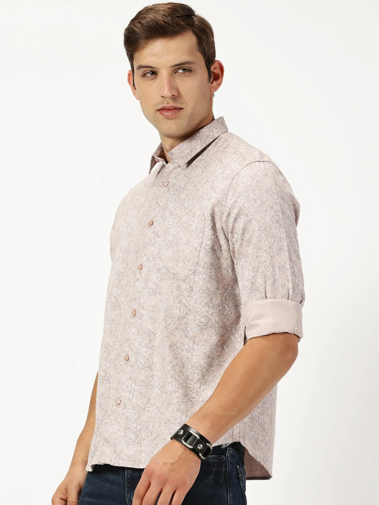 MEN'S  LT BROWN PRINT SLIM FIT SHIRT