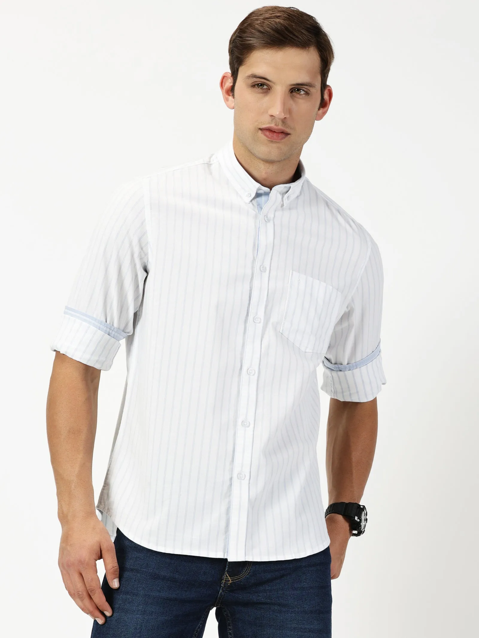 MEN'S  WHITE STRIPE SLIM FIT SHIRT