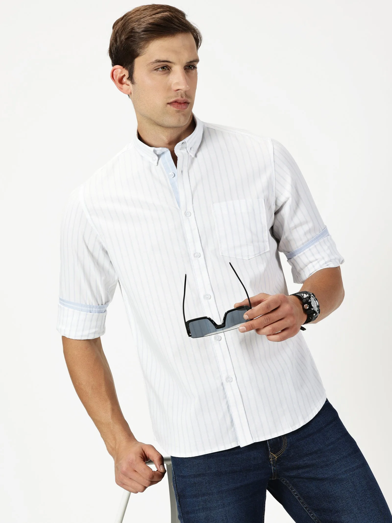 MEN'S  WHITE STRIPE SLIM FIT SHIRT