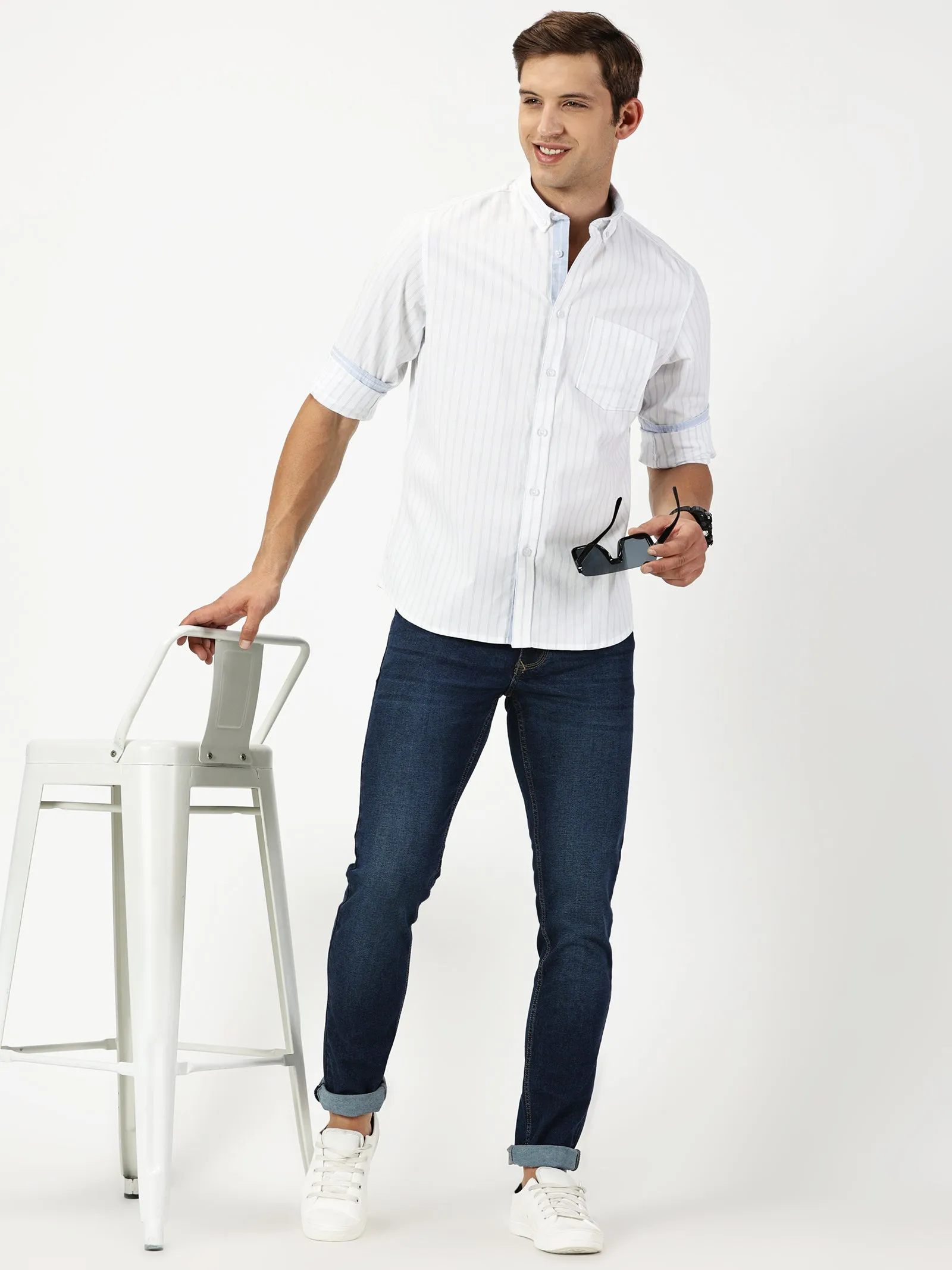 MEN'S  WHITE STRIPE SLIM FIT SHIRT