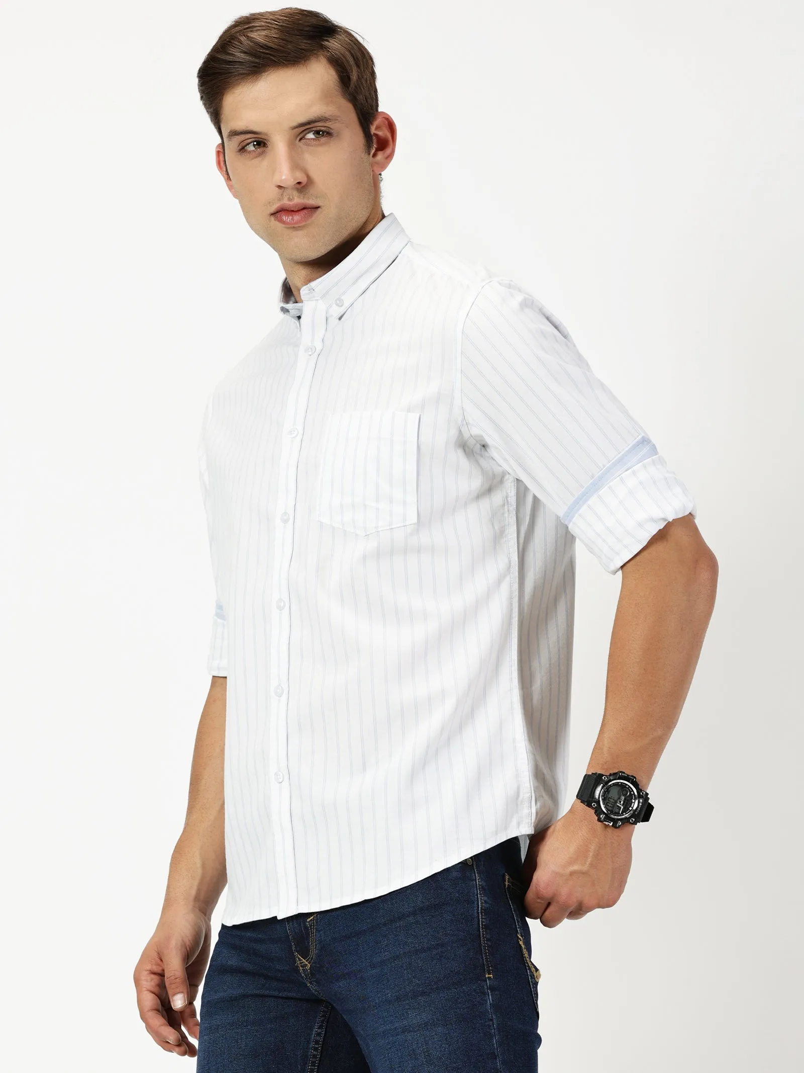 MEN'S  WHITE STRIPE SLIM FIT SHIRT