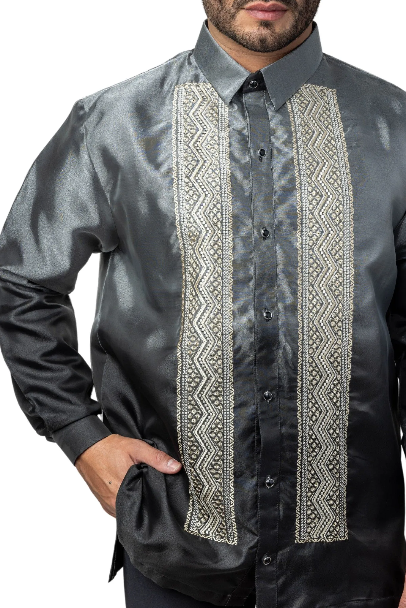 MO35 - Big & Tall - Organza Barong Tagalog Full-Open with Lining Dark Gray