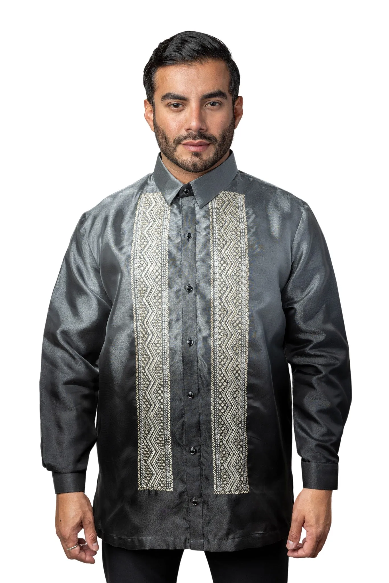 MO35 - Big & Tall - Organza Barong Tagalog Full-Open with Lining Dark Gray