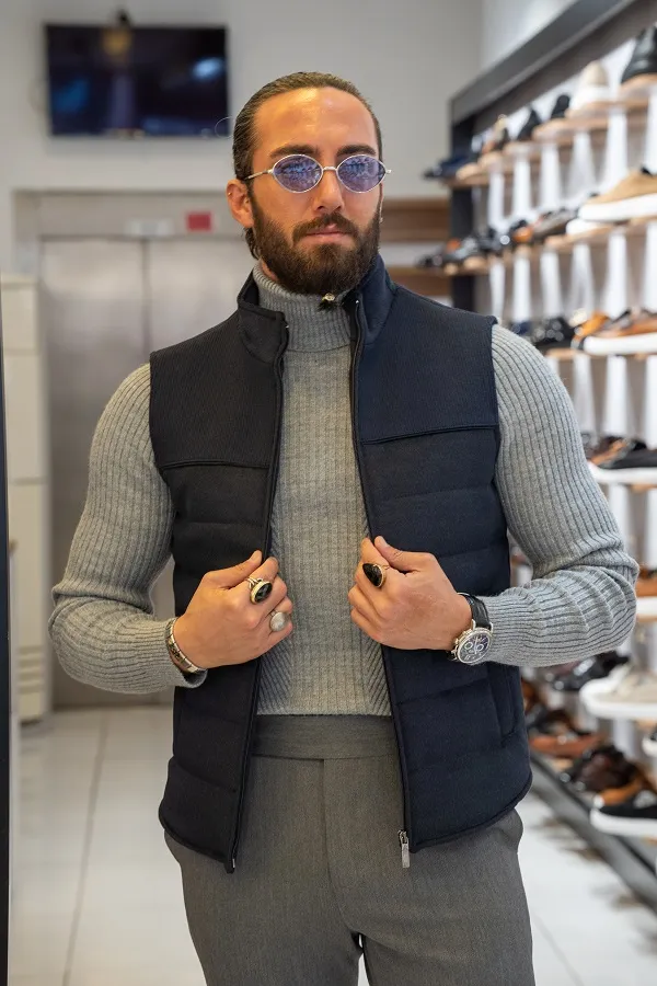 Navy Blue Slim Fit Zippered Vest for Men by GentWith.com