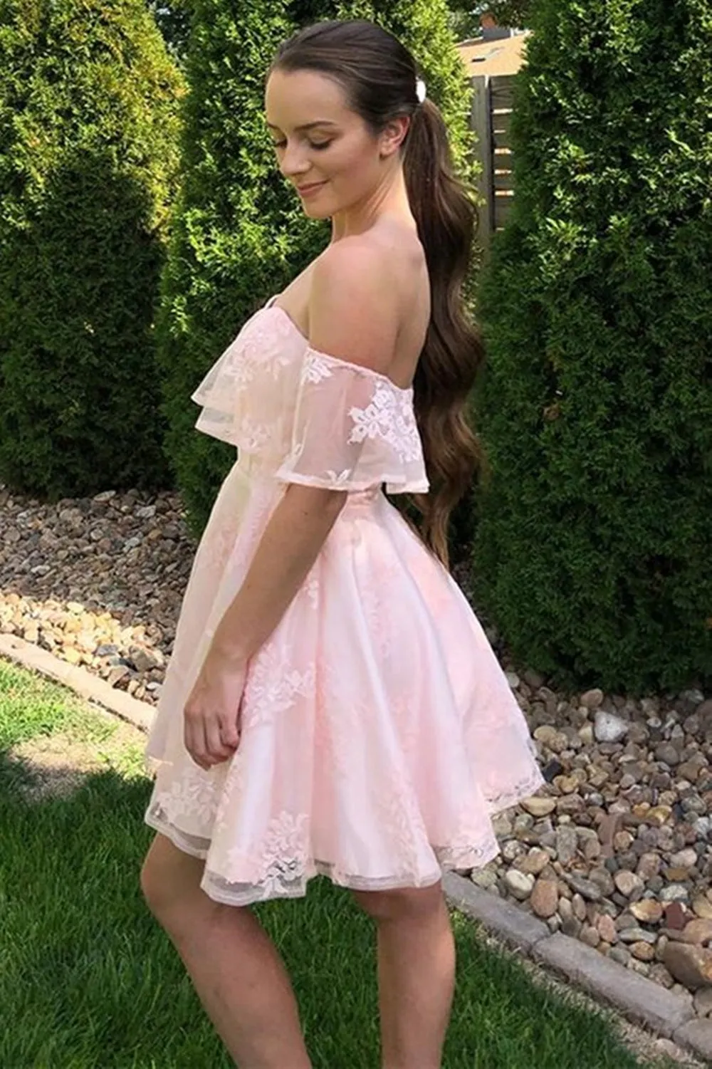 Off the Shoulder Pink Lace Short Prom Dresses, Off Shoulder Pink Homecoming Dresses, Pink Lace Formal Evening Dresses