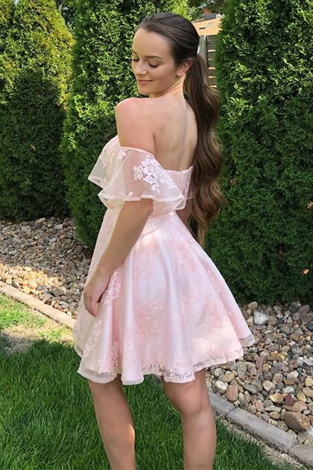 Off the Shoulder Pink Lace Short Prom Dresses, Off Shoulder Pink Homecoming Dresses, Pink Lace Formal Evening Dresses