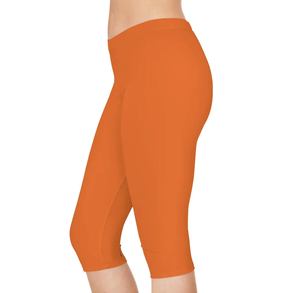 Orange Color Women's Capri Leggings, Knee-Length Polyester Capris Tights-Made in USA (US Size: XS-2XL)