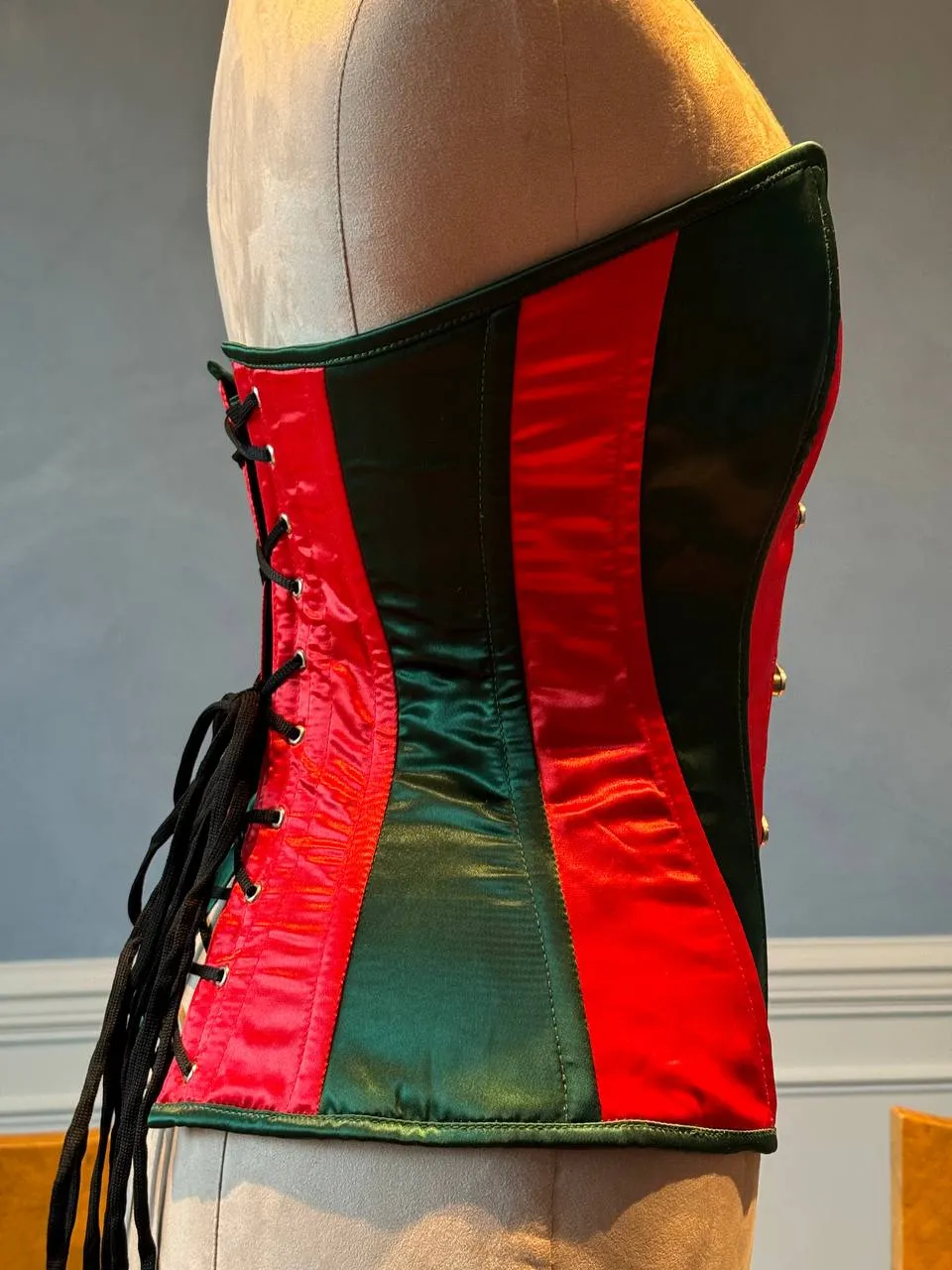 Overbust red and green satin in Santa style with steampunk closure hooks in the front. Corset is made personally according to your measurements.