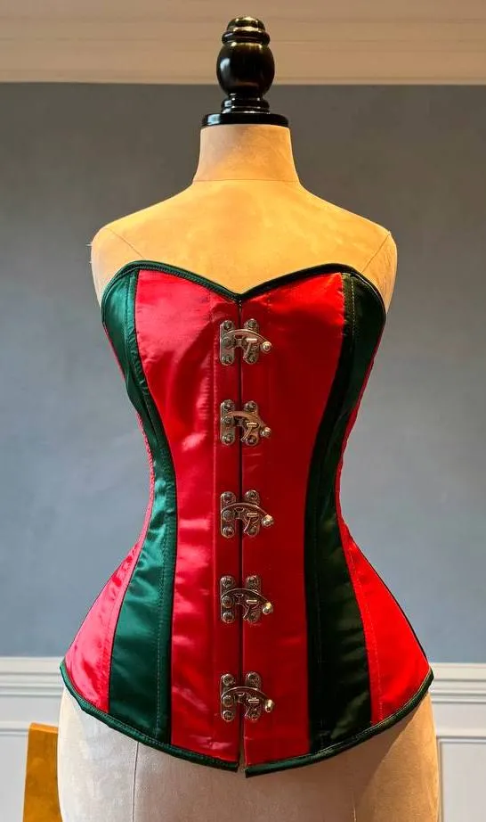 Overbust red and green satin in Santa style with steampunk closure hooks in the front. Corset is made personally according to your measurements.