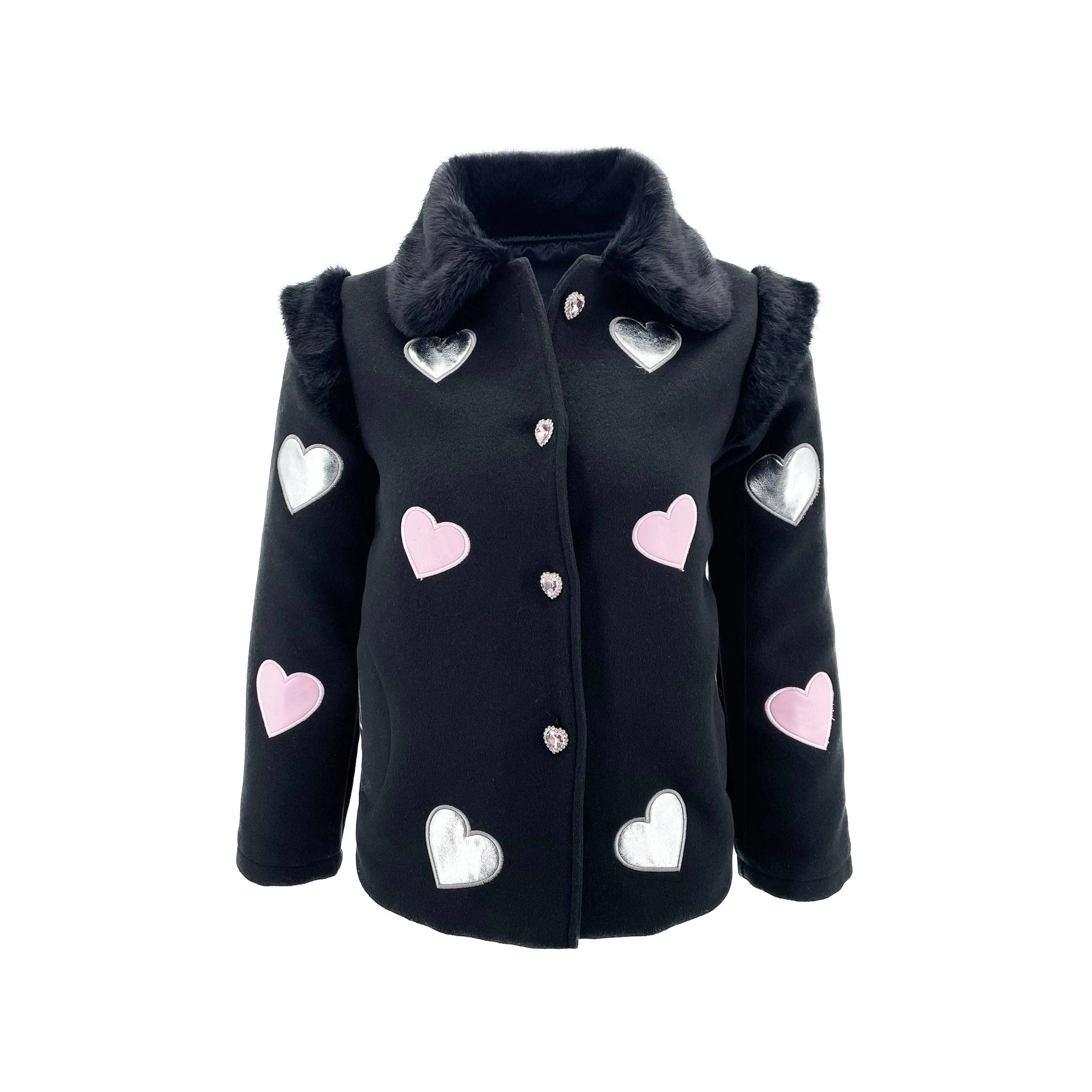 Patch Hearts Fur Collar Jacket