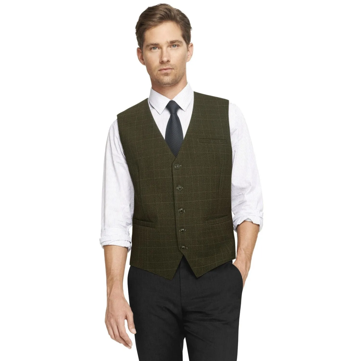 Plaid Slim Suit Vest - A-OLIVE GREEN