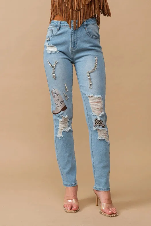 Rhinestone Embellishment W/ Embroidered Jeans