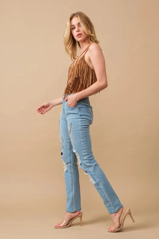 Rhinestone Embellishment W/ Embroidered Jeans