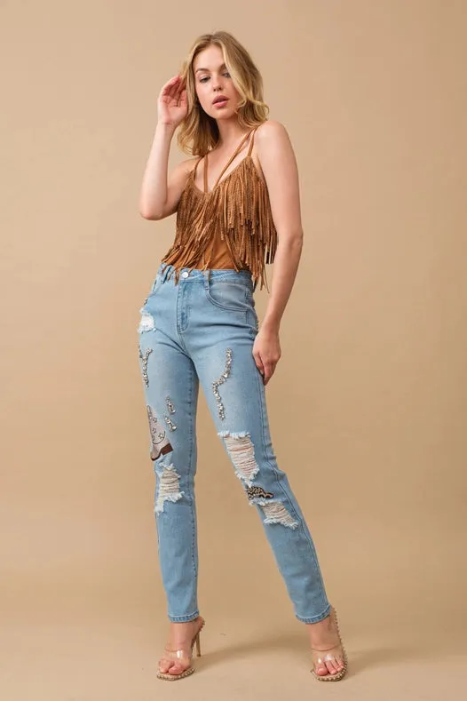 Rhinestone Embellishment W/ Embroidered Jeans