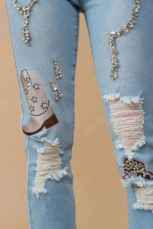 Rhinestone Embellishment W/ Embroidered Jeans