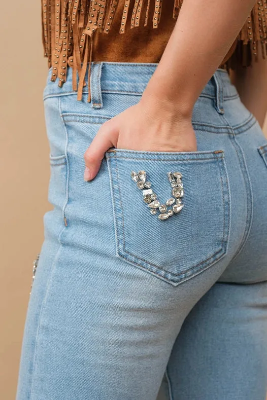 Rhinestone Embellishment W/ Embroidered Jeans