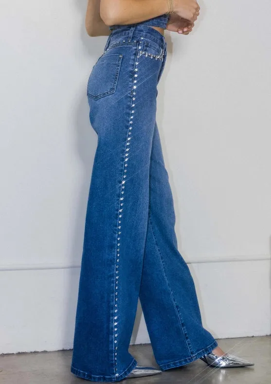 Rhinestone High-Rise Wide Leg Jeans