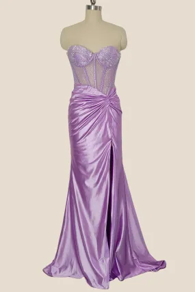 Sweetheart Lilac Beaded Ruched Mermaid Long Dress