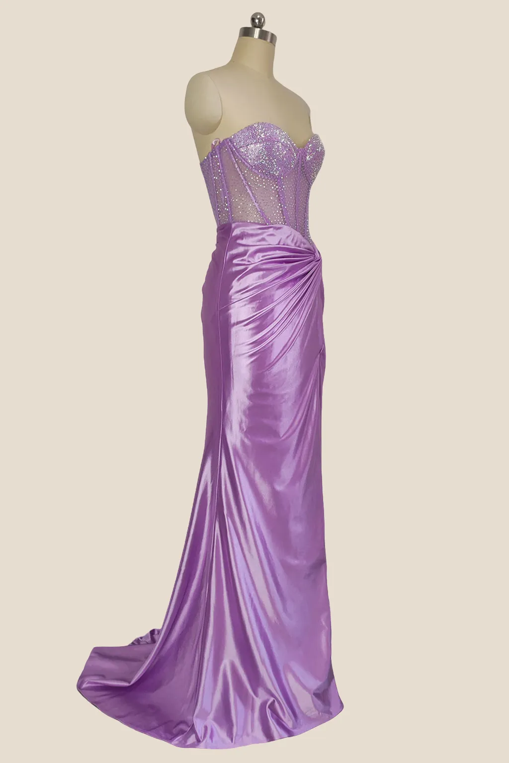 Sweetheart Lilac Beaded Ruched Mermaid Long Dress