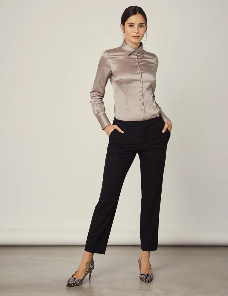 TAUPE FITTED SATIN SHIRT - SINGLE CUFF