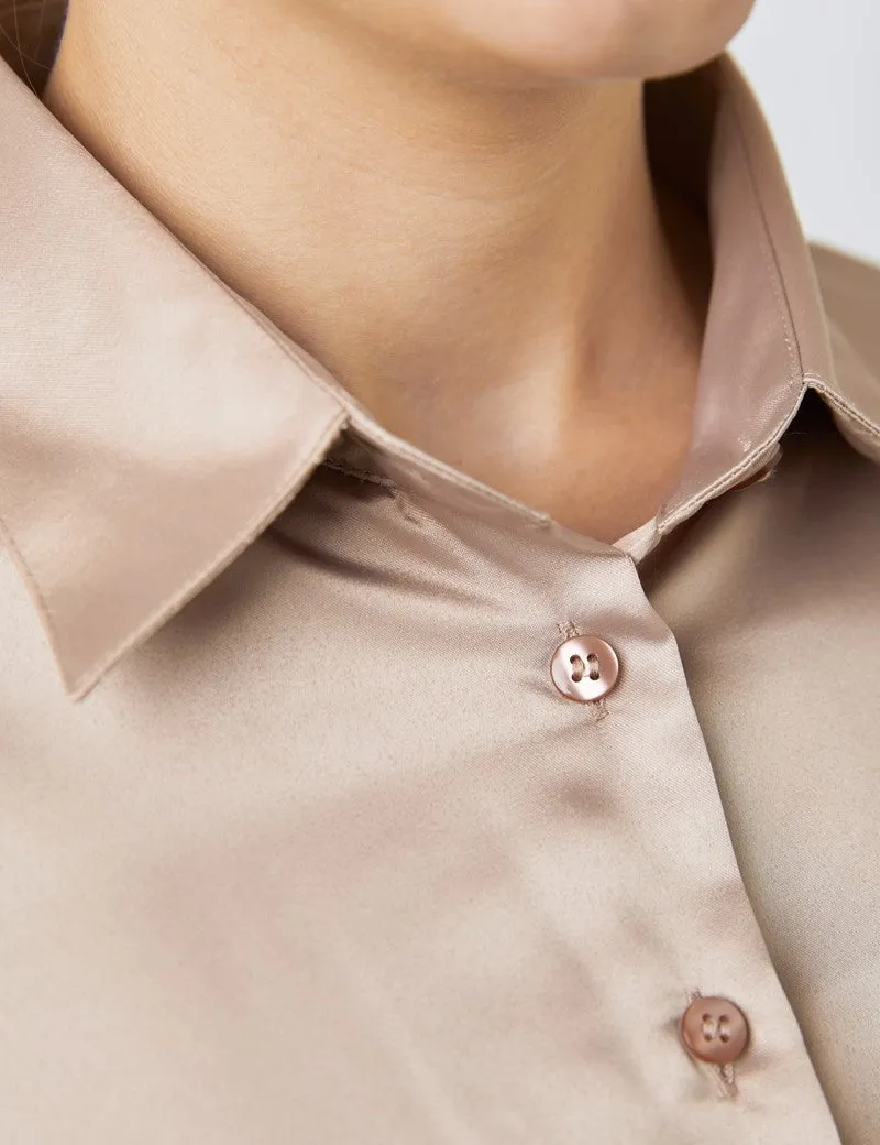 TAUPE FITTED SATIN SHIRT - SINGLE CUFF