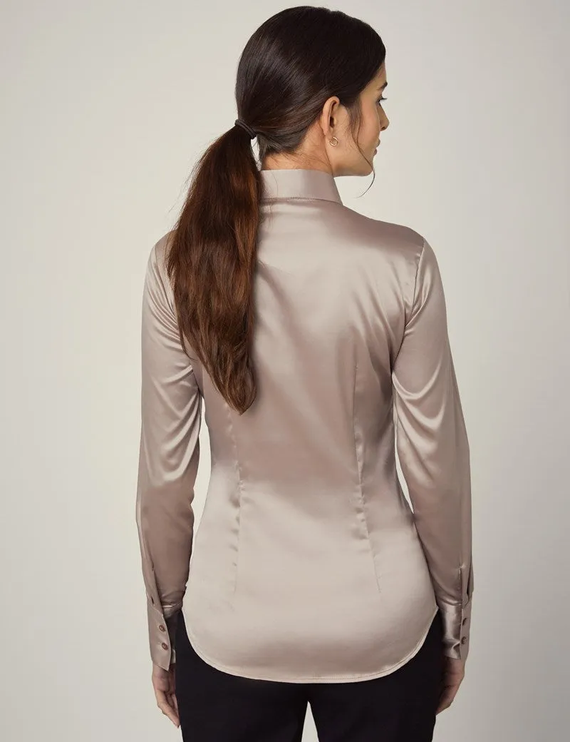 TAUPE FITTED SATIN SHIRT - SINGLE CUFF