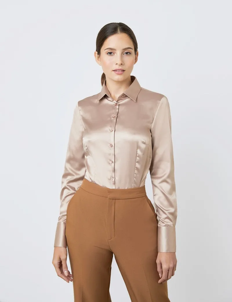 TAUPE FITTED SATIN SHIRT - SINGLE CUFF