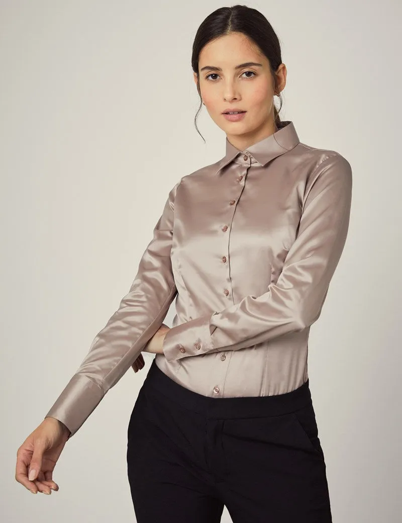 TAUPE FITTED SATIN SHIRT - SINGLE CUFF