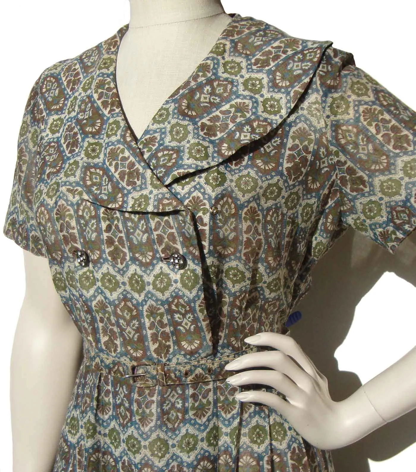 Vintage 50s Korell Dress Shirtwaist Cotton Mughal Print M / L