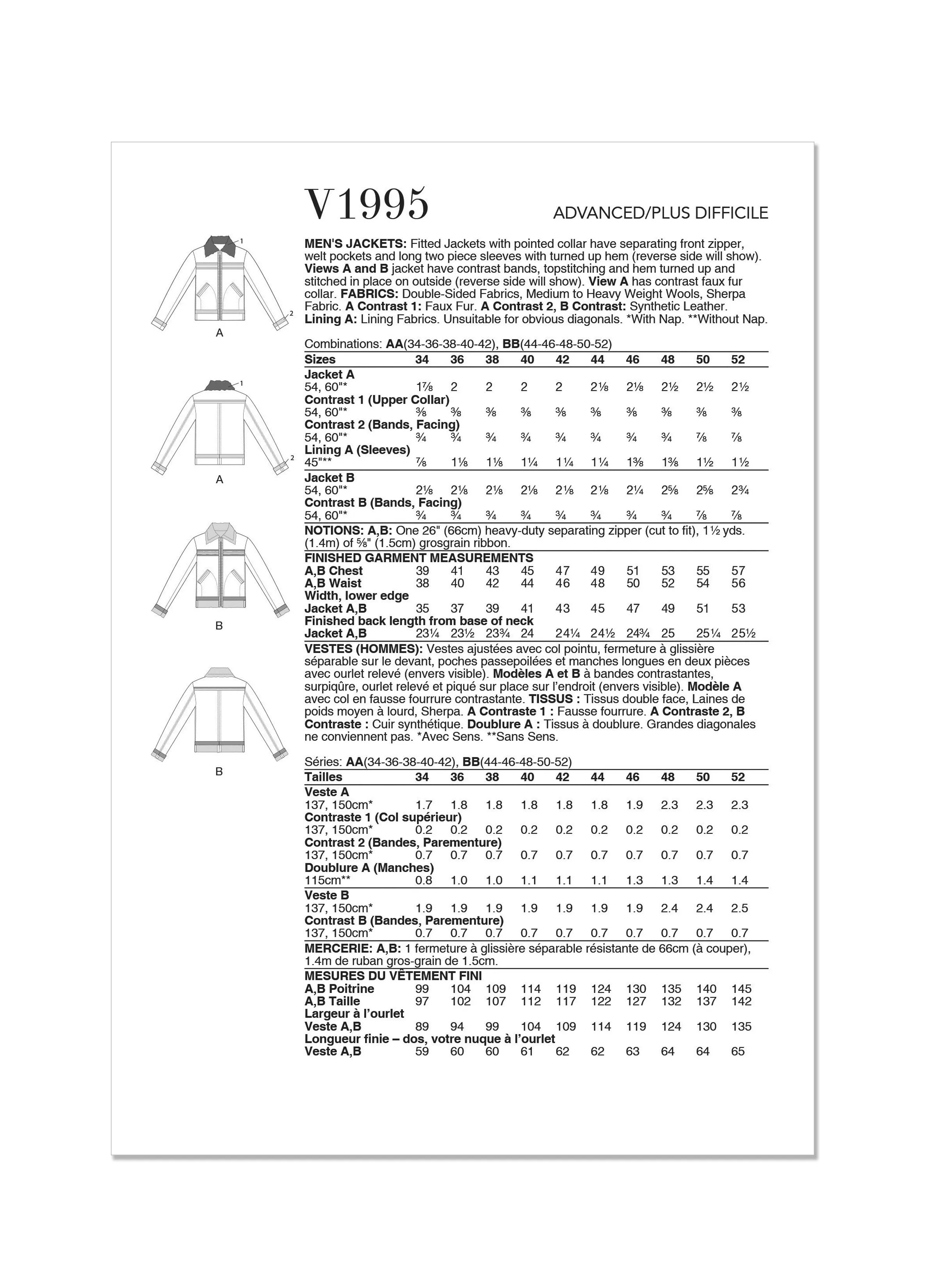 Vogue Sewing Pattern 1995 Men's Jackets