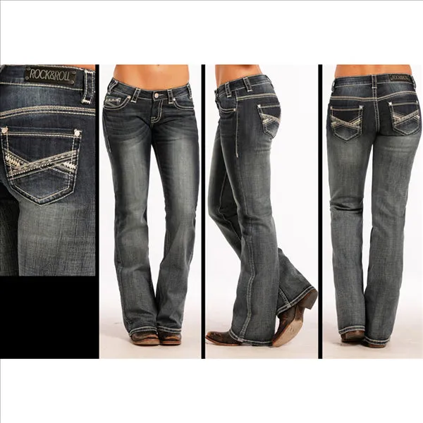 W2-8480 Rock & Roll Cowgirl Juniors Boyfriend Jeans Aztec Multi-Stitching