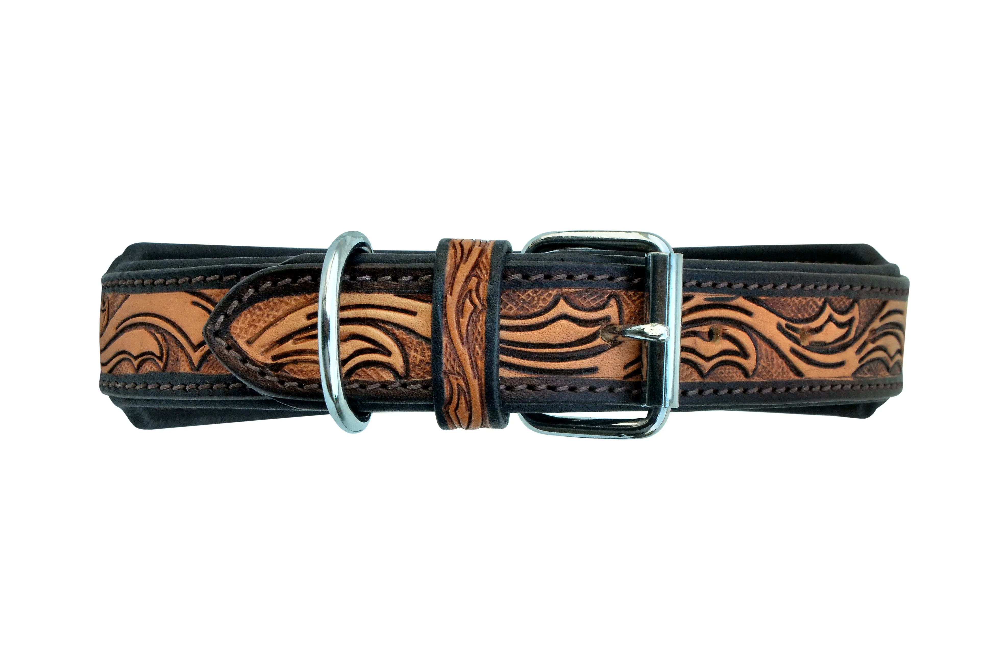 Western Style Beaded and Tooled Leather Dog Collar With Padded Soft Lining 10AB012